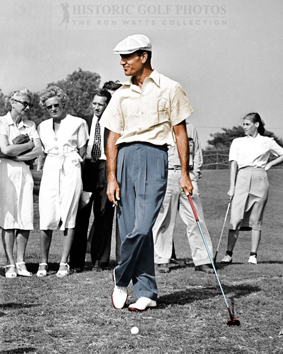 Colorized" - Ben leaning on his at Hillcrest 1946. - Historic Golf Photos